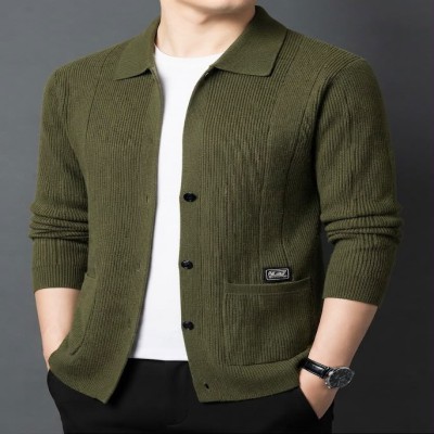 Premium Men's Ribbed Knit Collar Cardigan - Beige