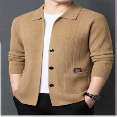 Premium Men's Ribbed Knit Collar Cardigan - Beige